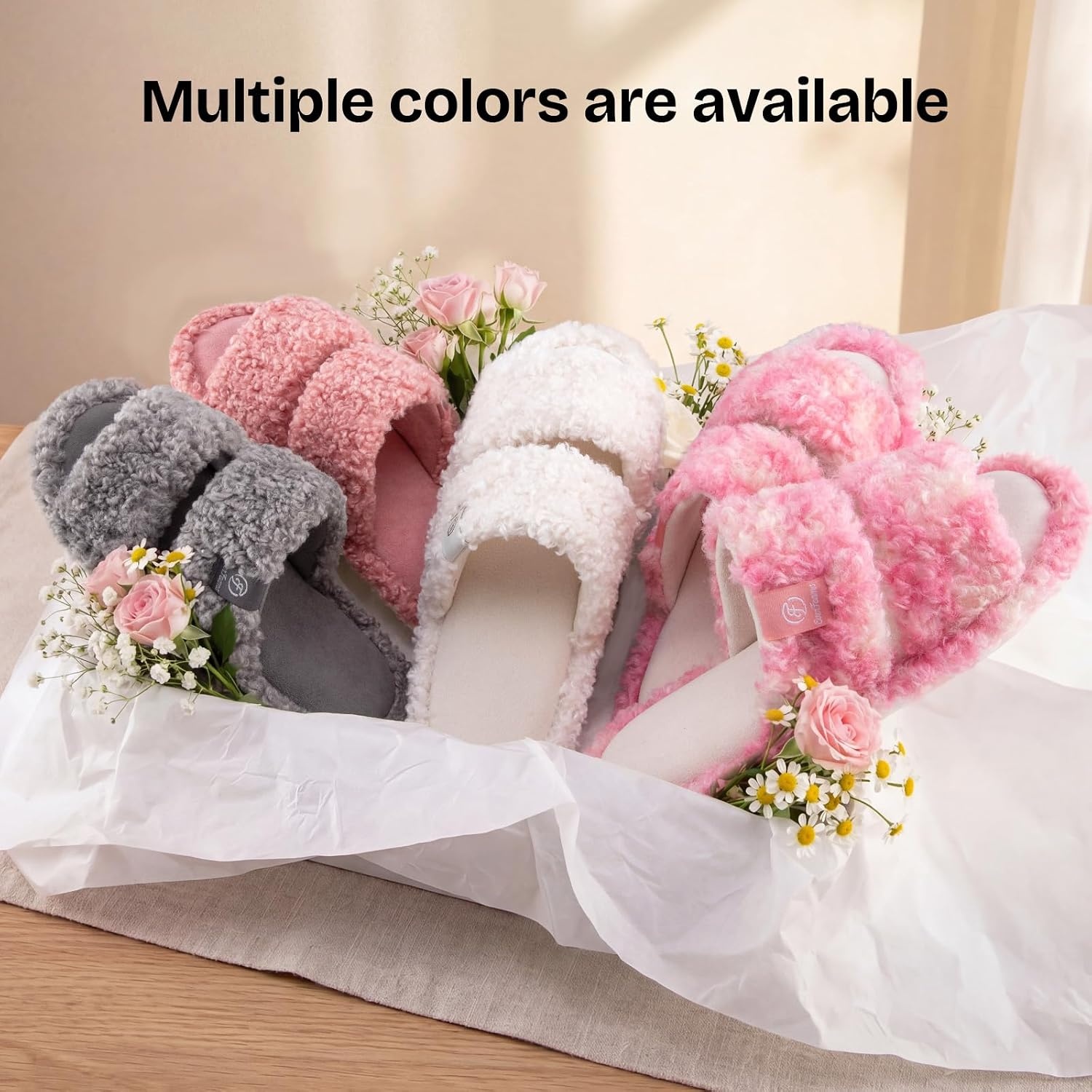 image:imageEverFoams Womens Fuzzy Open Toe Slippers Memory Foam Indoor House ShoesWhisper Pink Tiedye