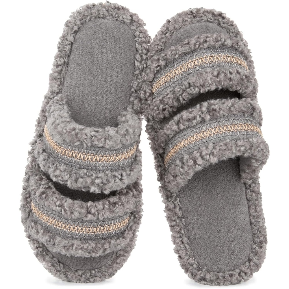 image:imageEverFoams Womens Fuzzy Open Toe Slippers Memory Foam Indoor House ShoesAsh Weave