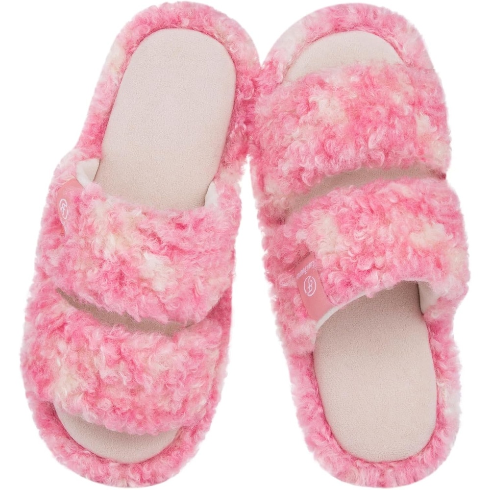 image:imageEverFoams Womens Fuzzy Open Toe Slippers Memory Foam Indoor House ShoesWhisper Pink Tiedye