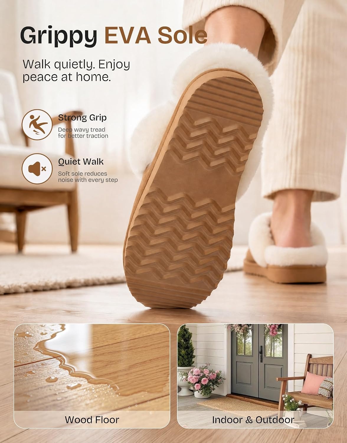 image:imageEverFoams Womens Sheepskin Slippers Suede House Shoes with Plush CollarAuburn
