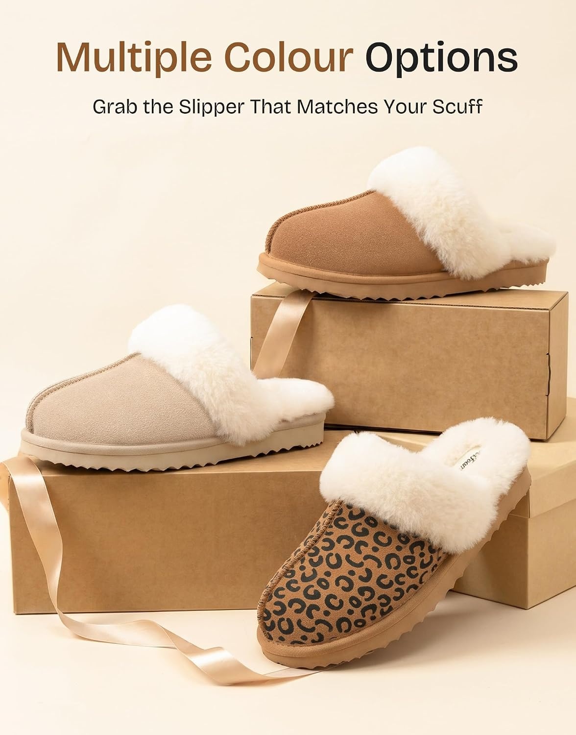 image:imageEverFoams Womens Sheepskin Slippers Suede House Shoes with Plush CollarBeige