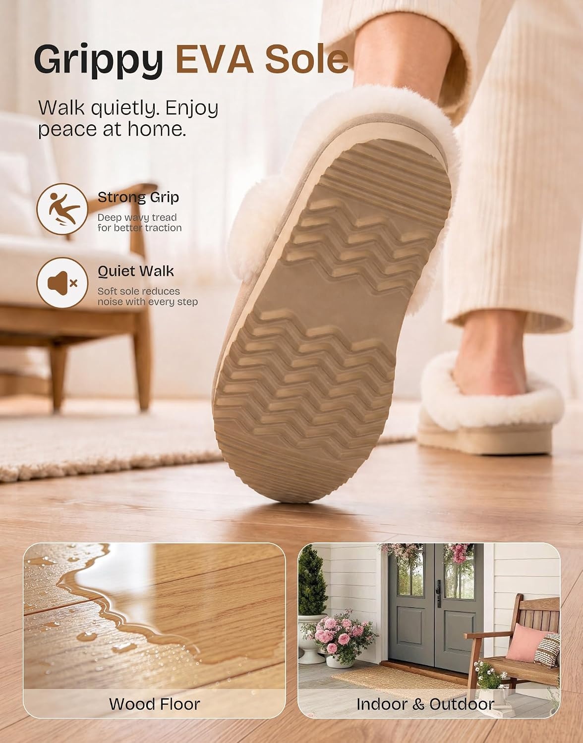 image:imageEverFoams Womens Sheepskin Slippers Suede House Shoes with Plush CollarBeige