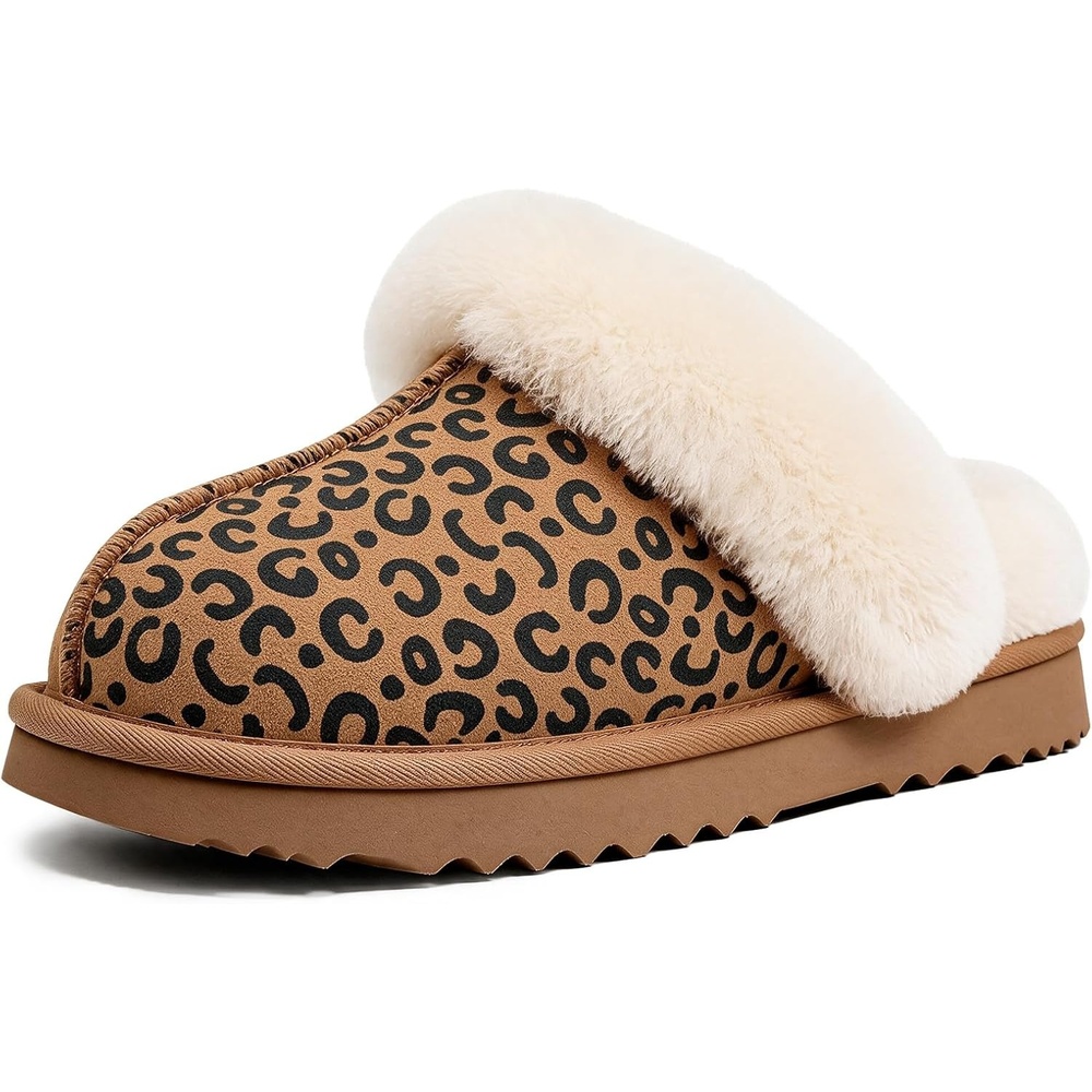 image:imageEverFoams Womens Sheepskin Slippers Suede House Shoes with Plush CollarLeopard