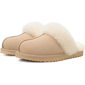 EverFoams Women’s Sheepskin Slippers Suede House Shoes with Plush Collar(Beige)