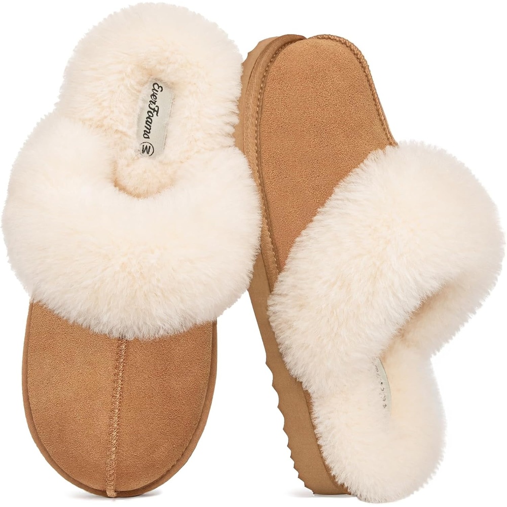 image:imageEverFoams Womens Genuine Leather Wool House Slippers With Plush CollarAuburn