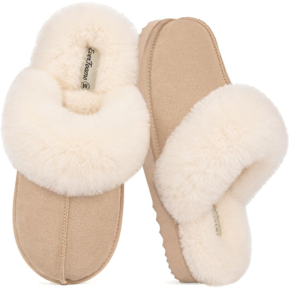 image:imageEverFoams Womens Genuine Leather Wool House Slippers With Plush CollarBeige