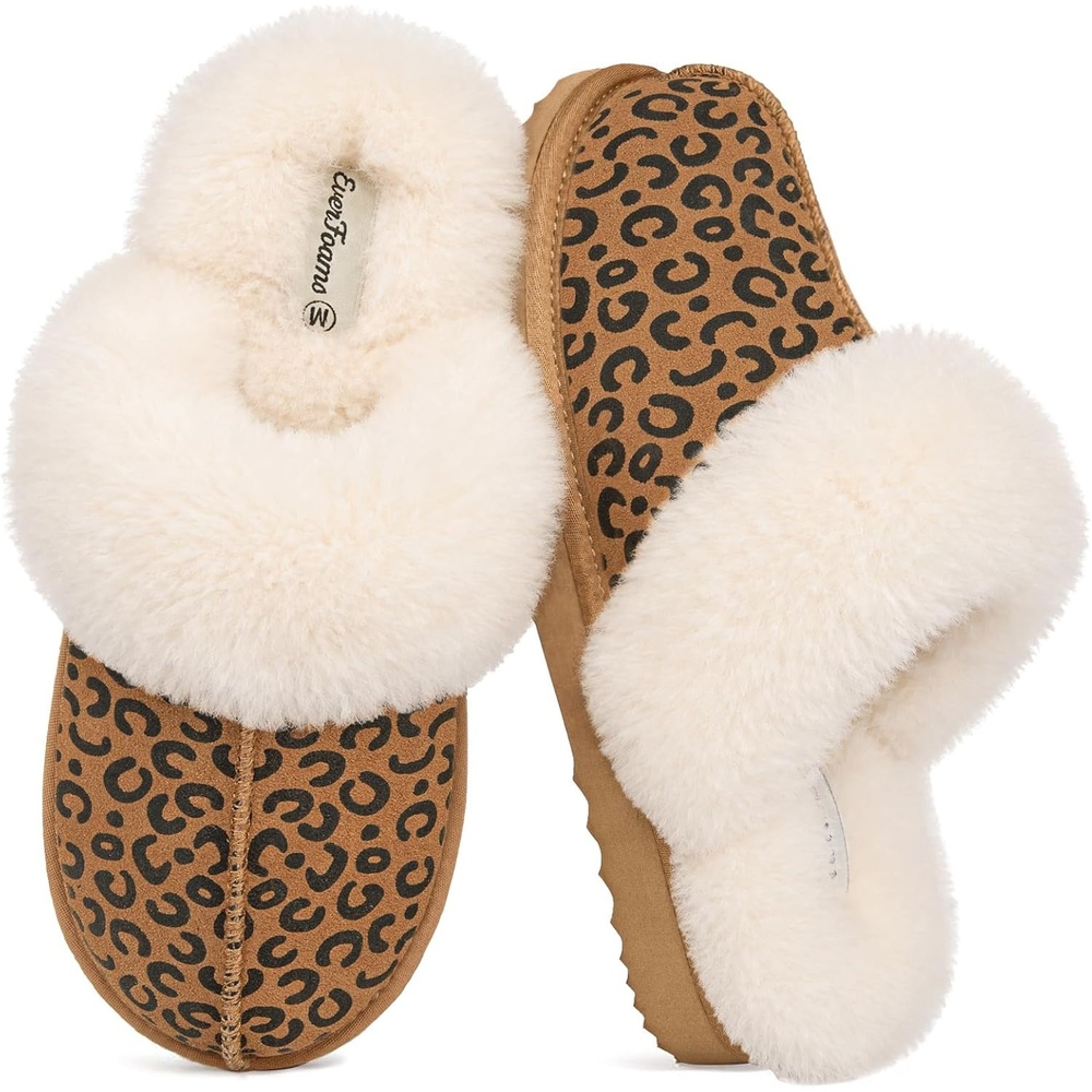 image:imageEverFoams Womens Genuine Leather Wool House Slippers With Plush CollarLeopard