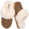 EverFoams Women’s Genuine Leather Wool House Slippers With Plush Collar(Leopard)