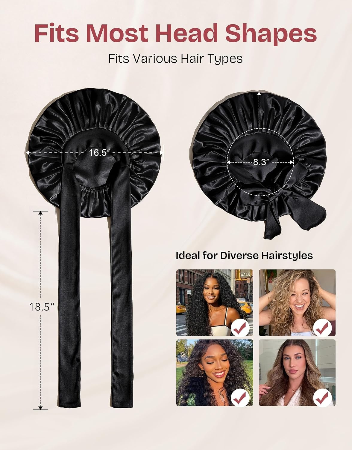 image:imageEverFoams Satin Curly Hair Bonnet for Sleeping AntiFrizzAuburn black