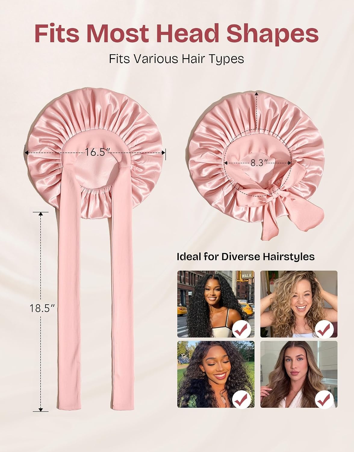 image:imageEverFoams Satin Curly Hair Bonnet for Sleeping AntiFrizzCreamy Pink