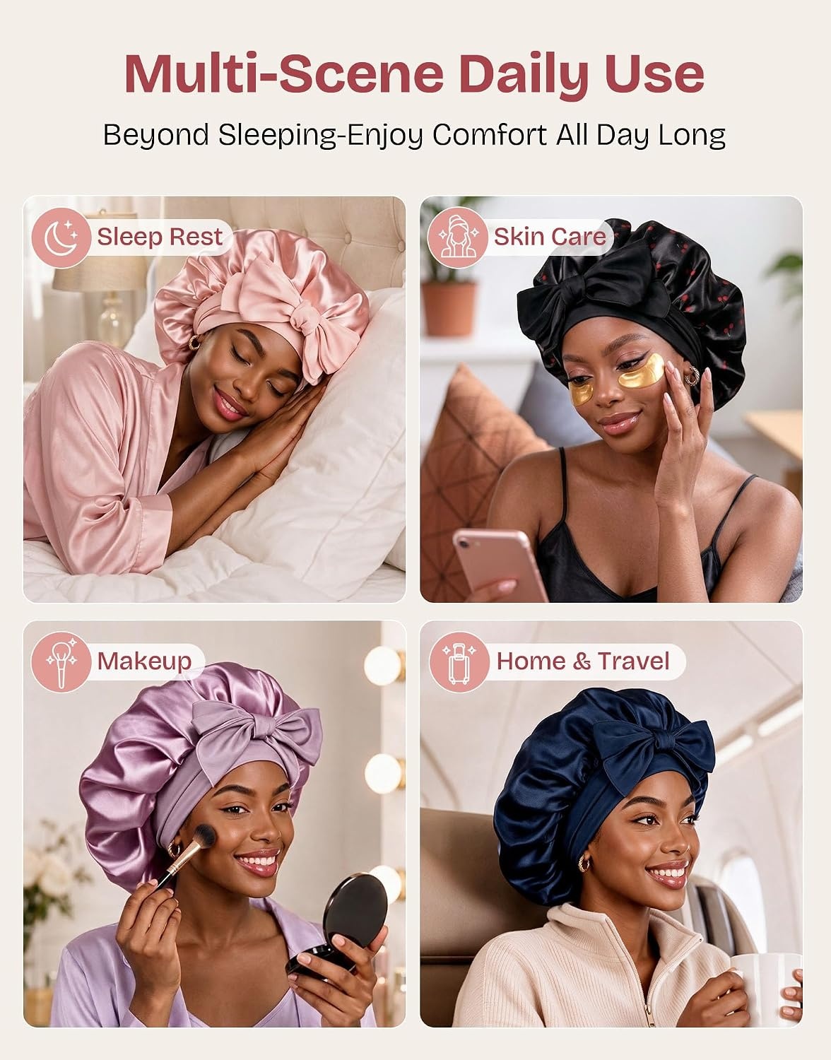 image:imageEverFoams Satin Curly Hair Bonnet for Sleeping AntiFrizzCreamy Pink