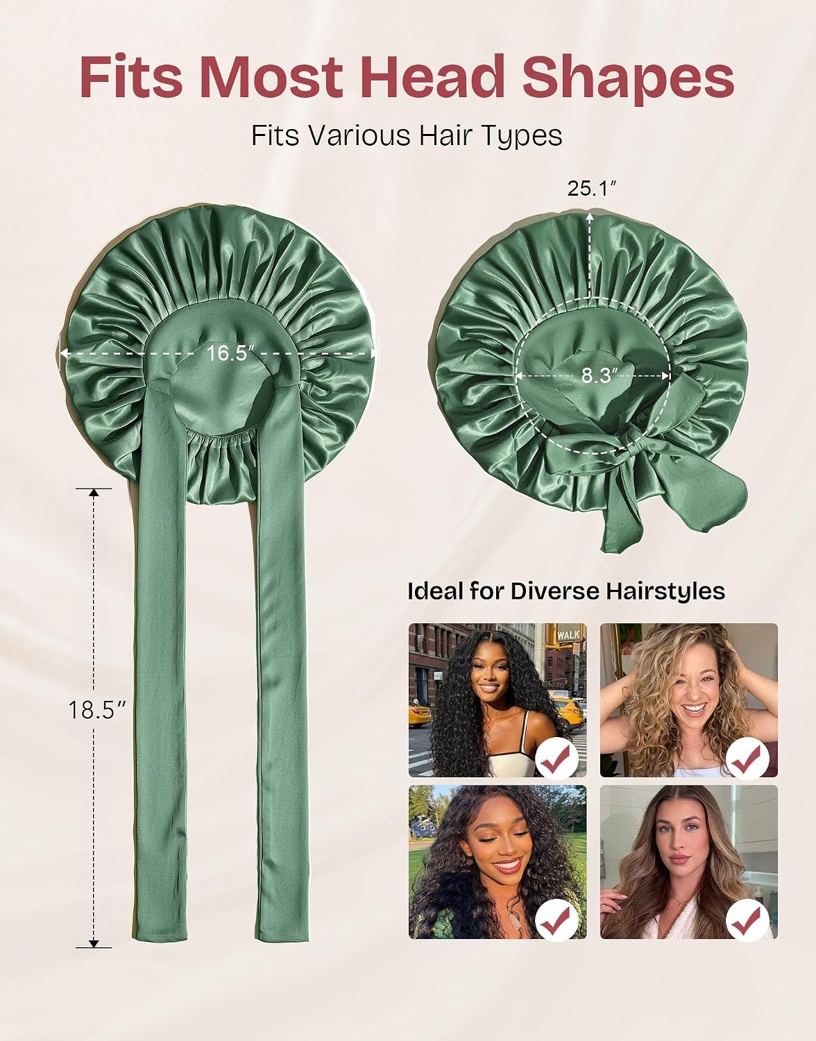 image:imageEverFoams Satin Curly Hair Bonnet for Sleeping AntiFrizzDewy Green
