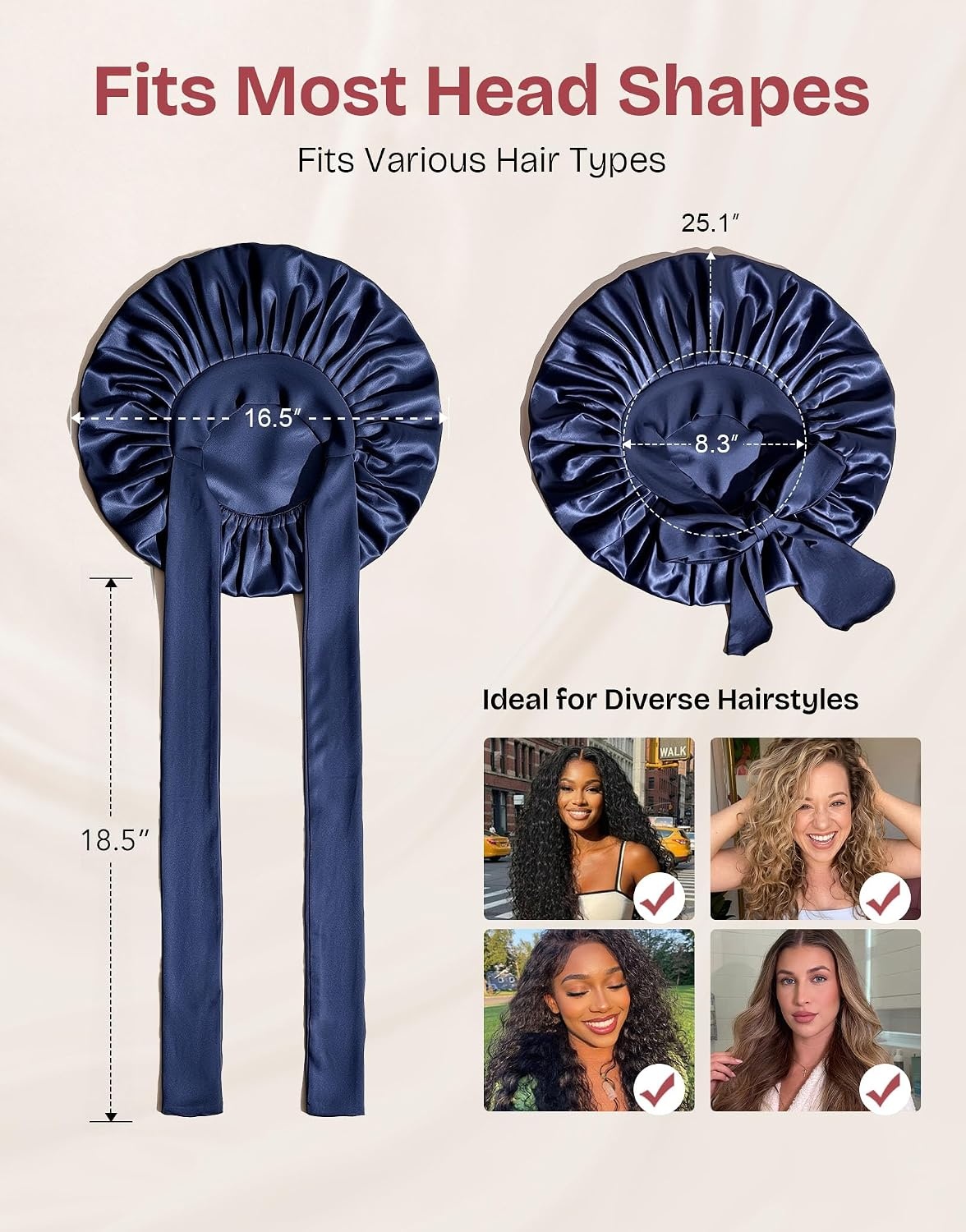 image:imageEverFoams Satin Curly Hair Bonnet for Sleeping AntiFrizzNavy Indigo