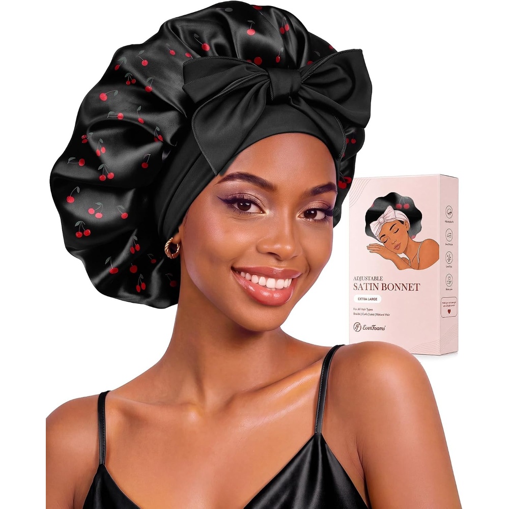 image:imageEverFoams Satin Curly Hair Bonnet for Sleeping AntiFrizzBurgundy cherry