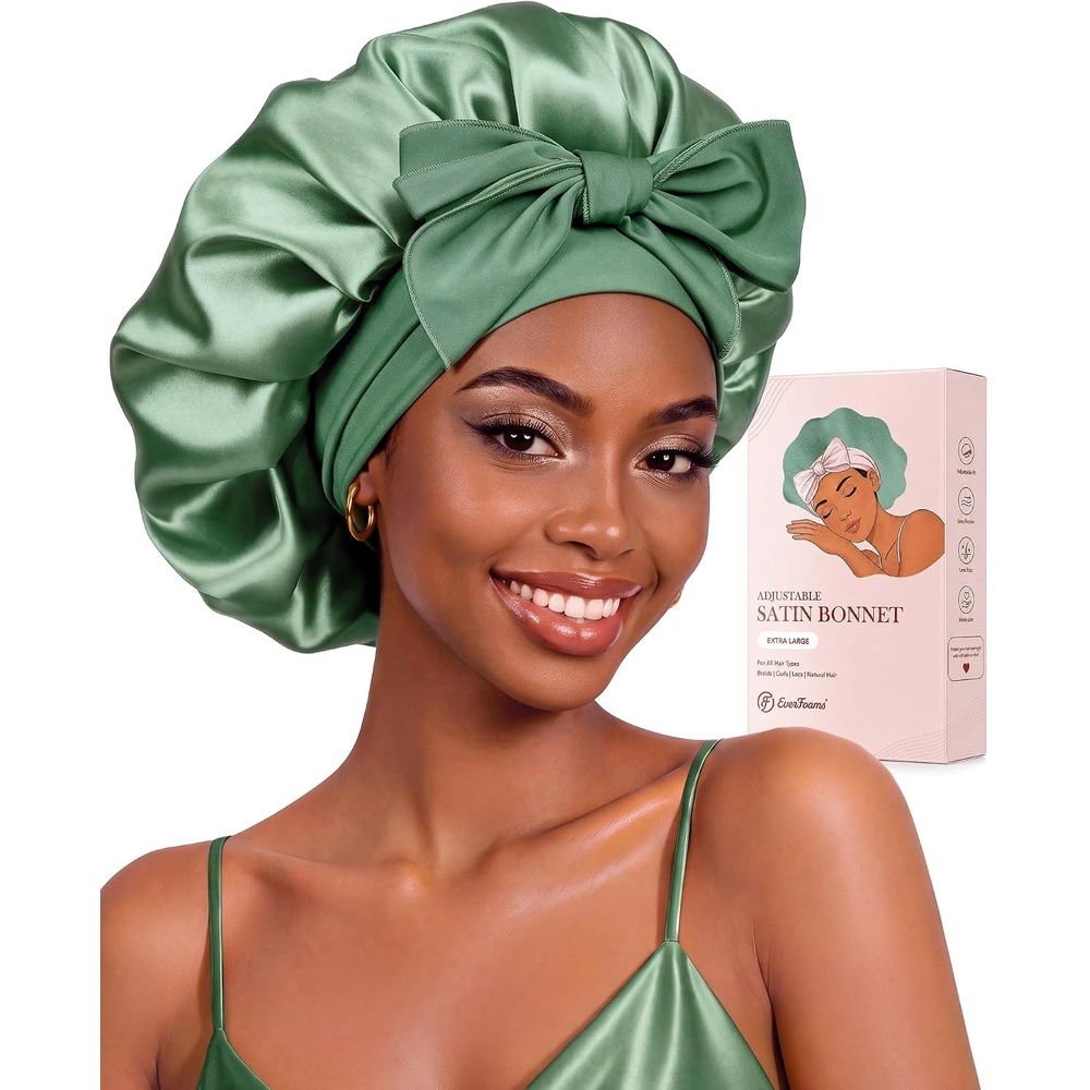 image:imageEverFoams Satin Curly Hair Bonnet for Sleeping AntiFrizzDewy Green